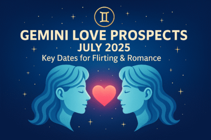 Illustration of Gemini love forecast for July 2025 with zodiac twins, stars, and romantic icons representing astrology-based relationship guidance.