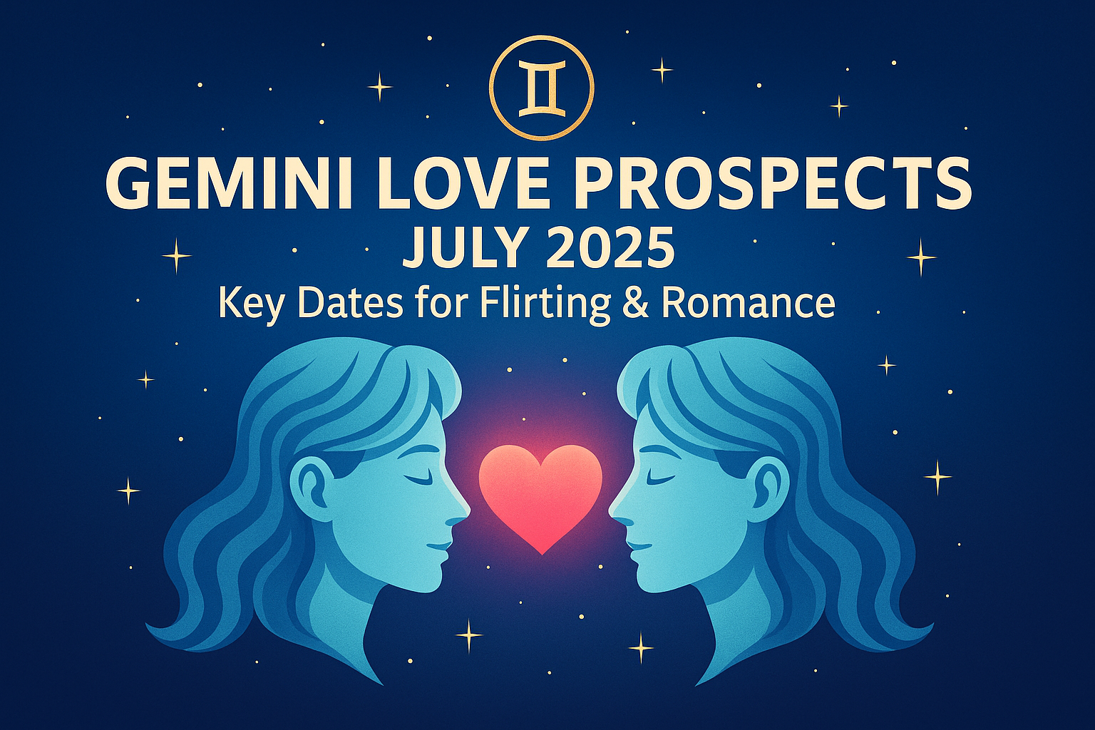 Illustration of Gemini love forecast for July 2025 with zodiac twins, stars, and romantic icons representing astrology-based relationship guidance.