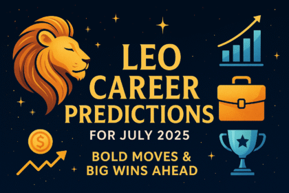 Illustration showing Leo career predictions for July 2025 with lion symbol, zodiac icons, and upward growth graphics representing ambition and leadership.