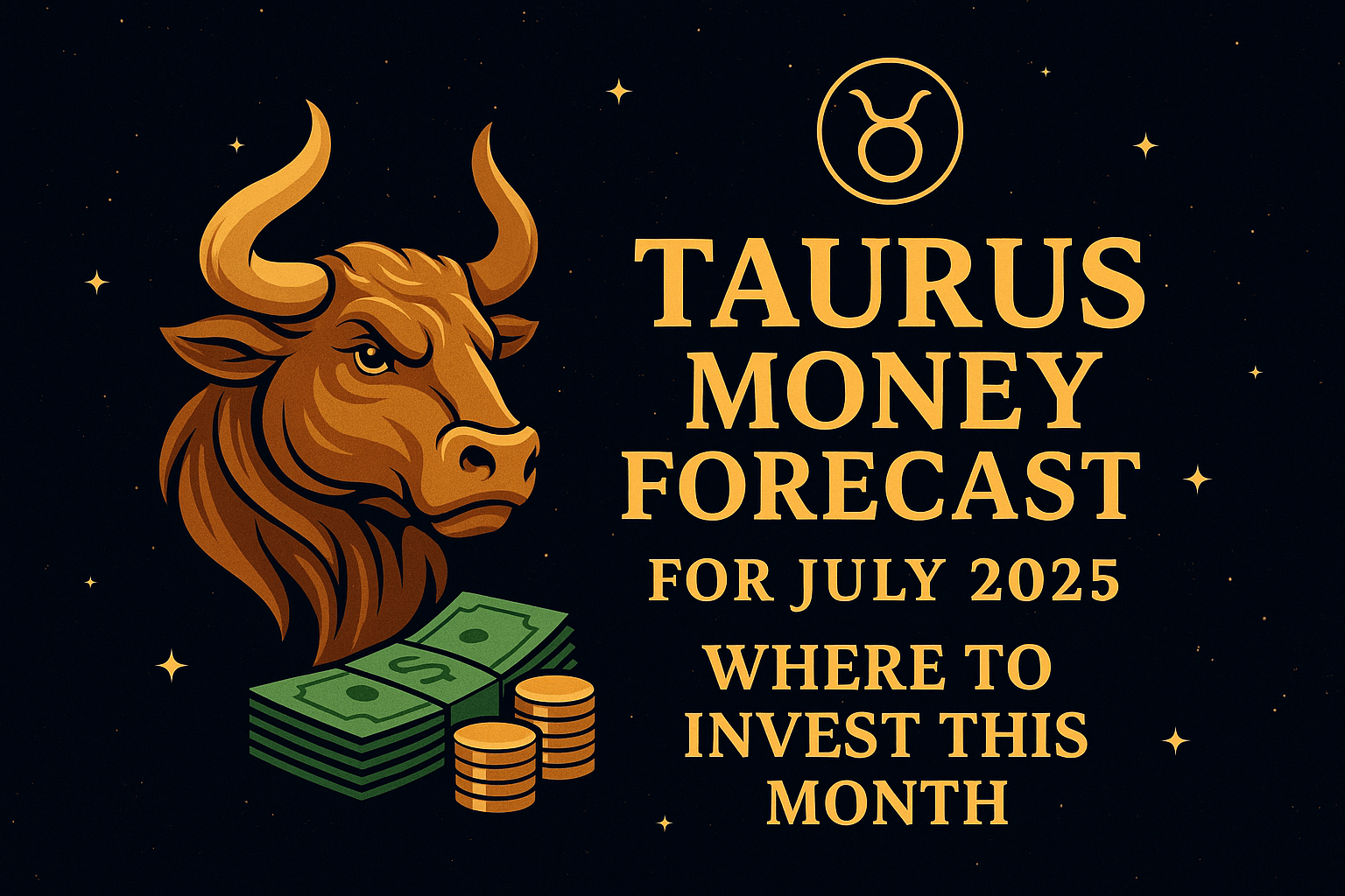 Illustration showing Taurus money forecast for July 2025 with dollar symbols, stars, and financial icons representing investment tips for Taurus zodiac sign.
