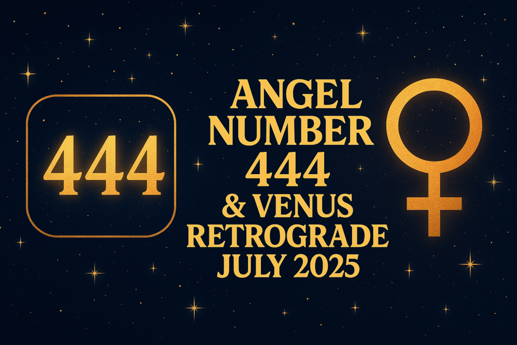 Angel Number 444 and Venus symbol against a starry sky, titled ‘Angel Number 444 & Venus Retrograde July 2025’ focusing on relationship guidance.