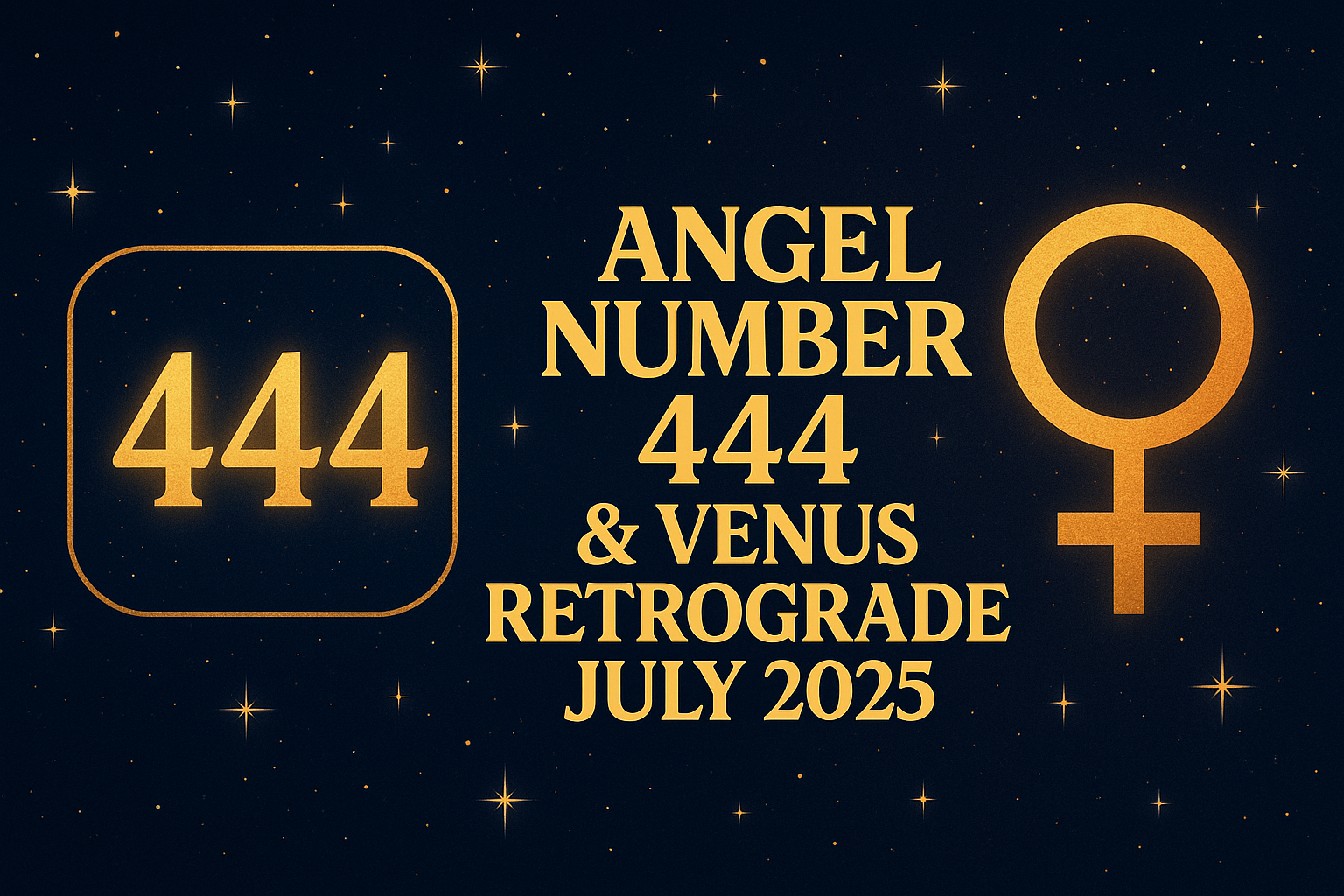 Angel Number 444 and Venus symbol against a starry sky, titled ‘Angel Number 444 & Venus Retrograde July 2025’ focusing on relationship guidance.