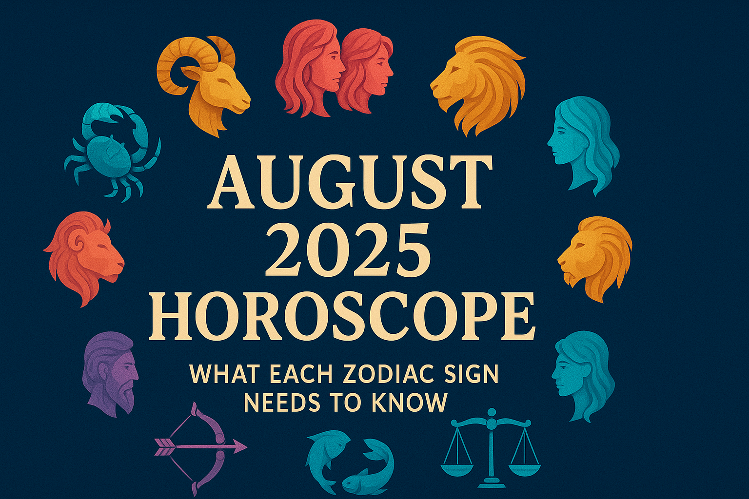 August 2025 horoscope infographic showing all twelve zodiac symbols and key transit dates for the month.