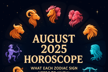 August 2025 horoscope infographic showing all twelve zodiac symbols and key transit dates for the month.