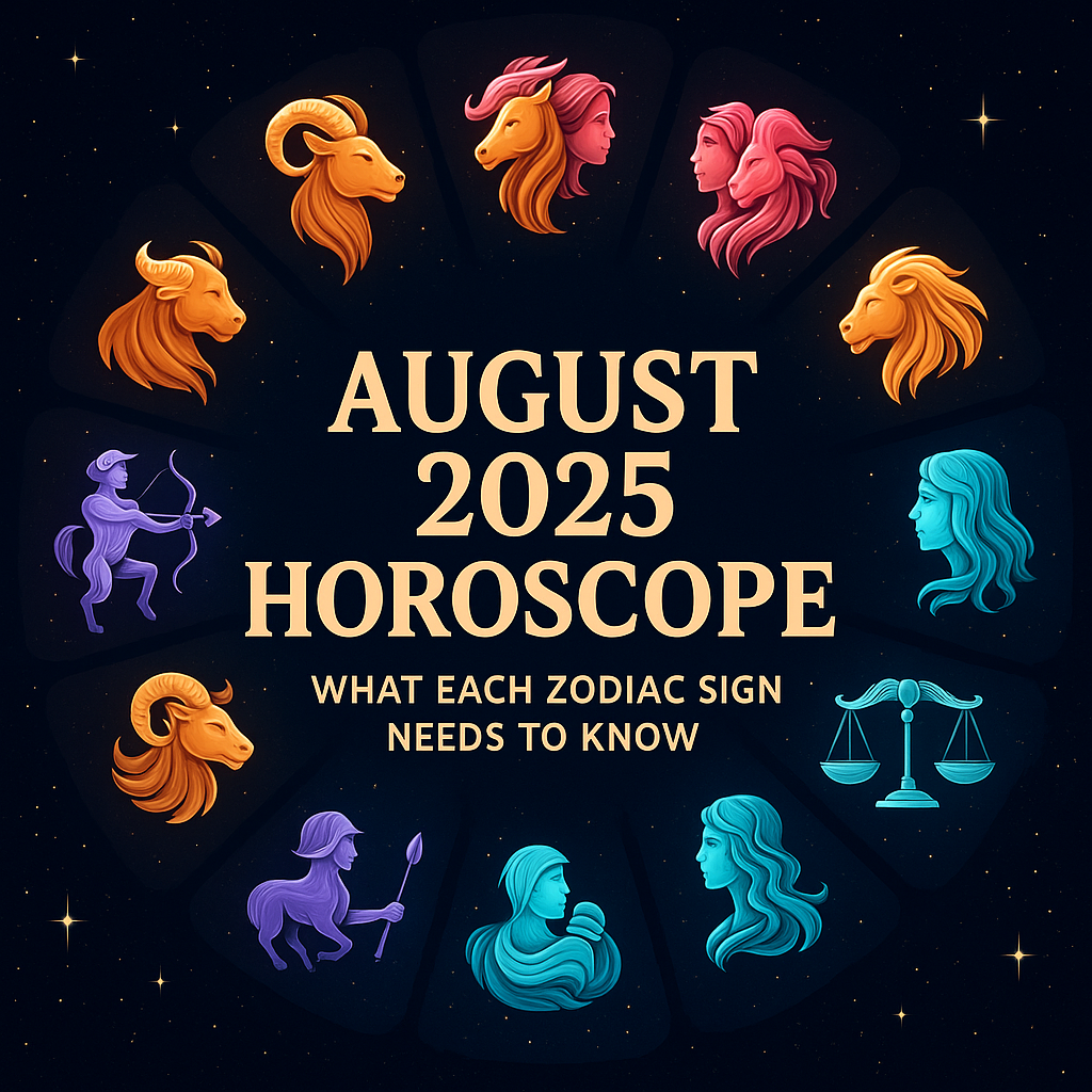 August 2025 horoscope infographic showing all twelve zodiac symbols and key transit dates for the month.