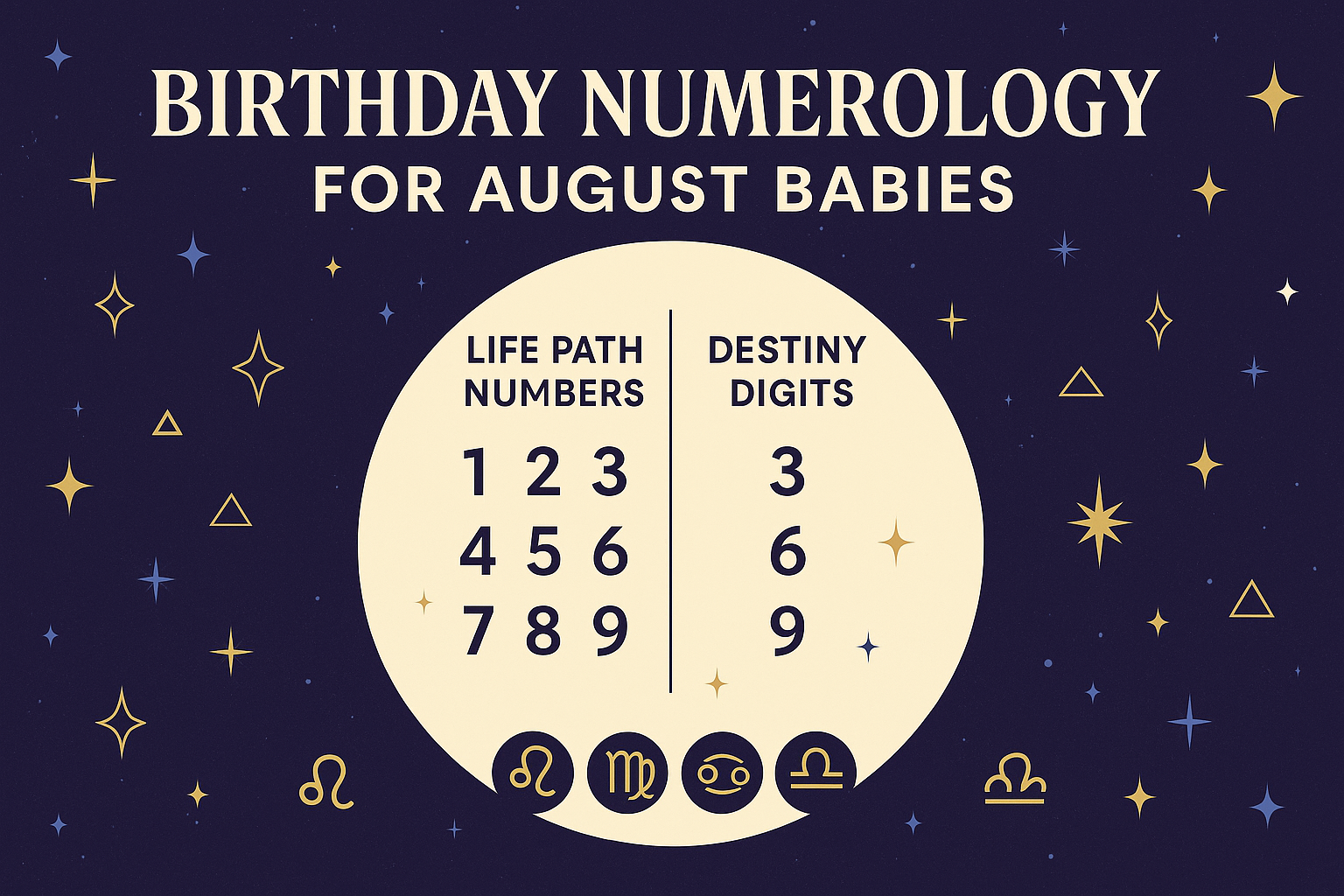 birthday numerology for August babies, with Life Path numbers, destiny digits, and zodiac symbols on a starry background.