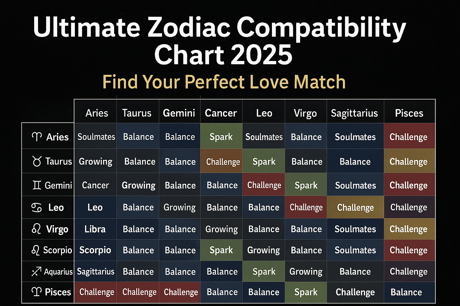 zodiac compatibility chart infographic showing love match scores for all 12 sun signs in a color-coded grid.