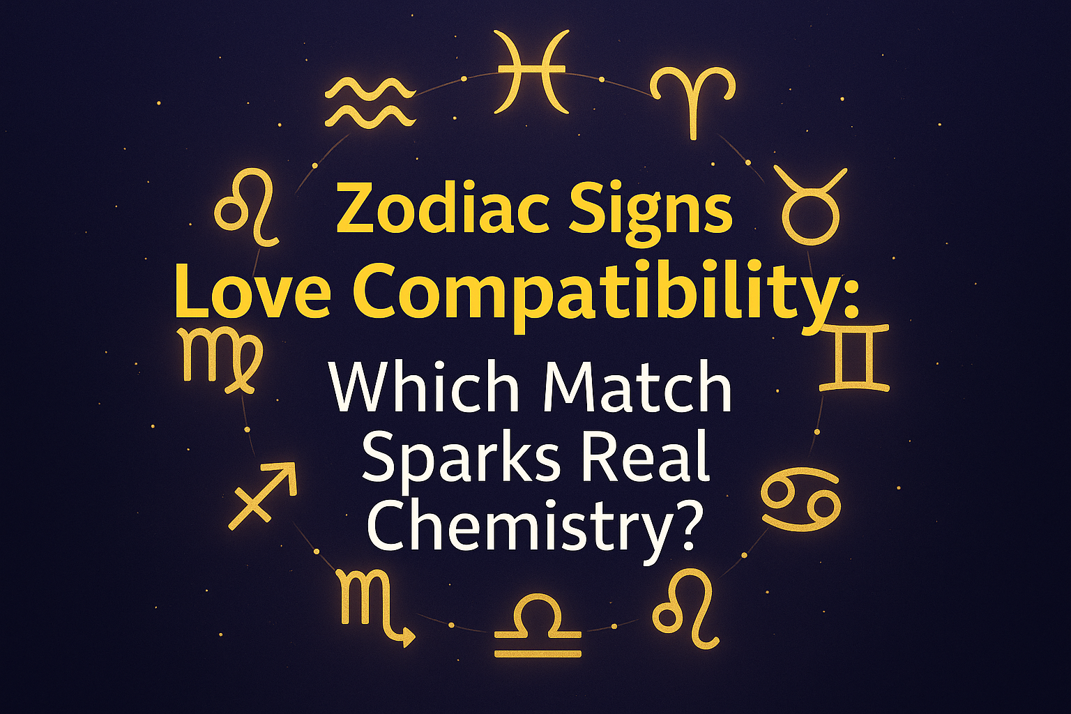 Love compatibility zodiac infographic showing golden zodiac symbols in a circle with the text ‘Which Match Sparks Real Chemistry?