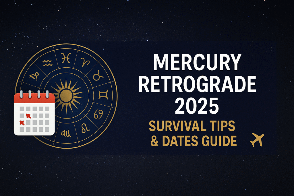 Mercury Retrograde 2025 guide banner with zodiac wheel, dates calendar, and survival tips icons on a starry background Mercury Retrograde 2025 guide banner with zodiac wheel, dates calendar, and survival tips icons on a starry background