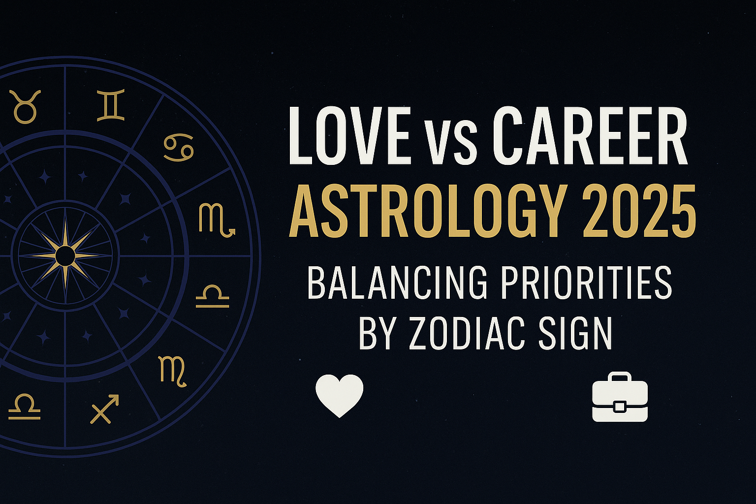 Love vs Career Astrology 2025 banner with zodiac wheel and icons of heart and briefcase on a starry background