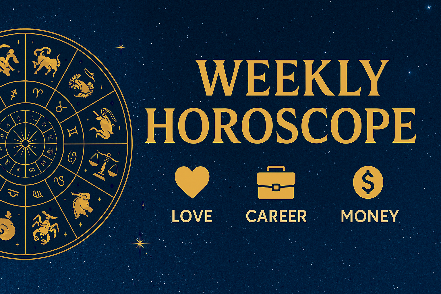 Weekly Horoscope 2025 – Zodiac signs with icons for love, money, and career on cosmic background