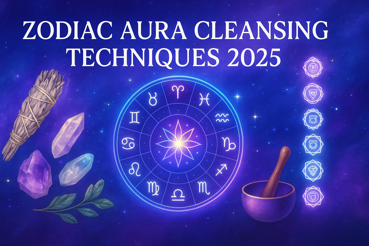 Zodiac aura cleansing techniques 2025 banner with crystal grids, smudge sticks, and sound bowls arranged around zodiac wheel