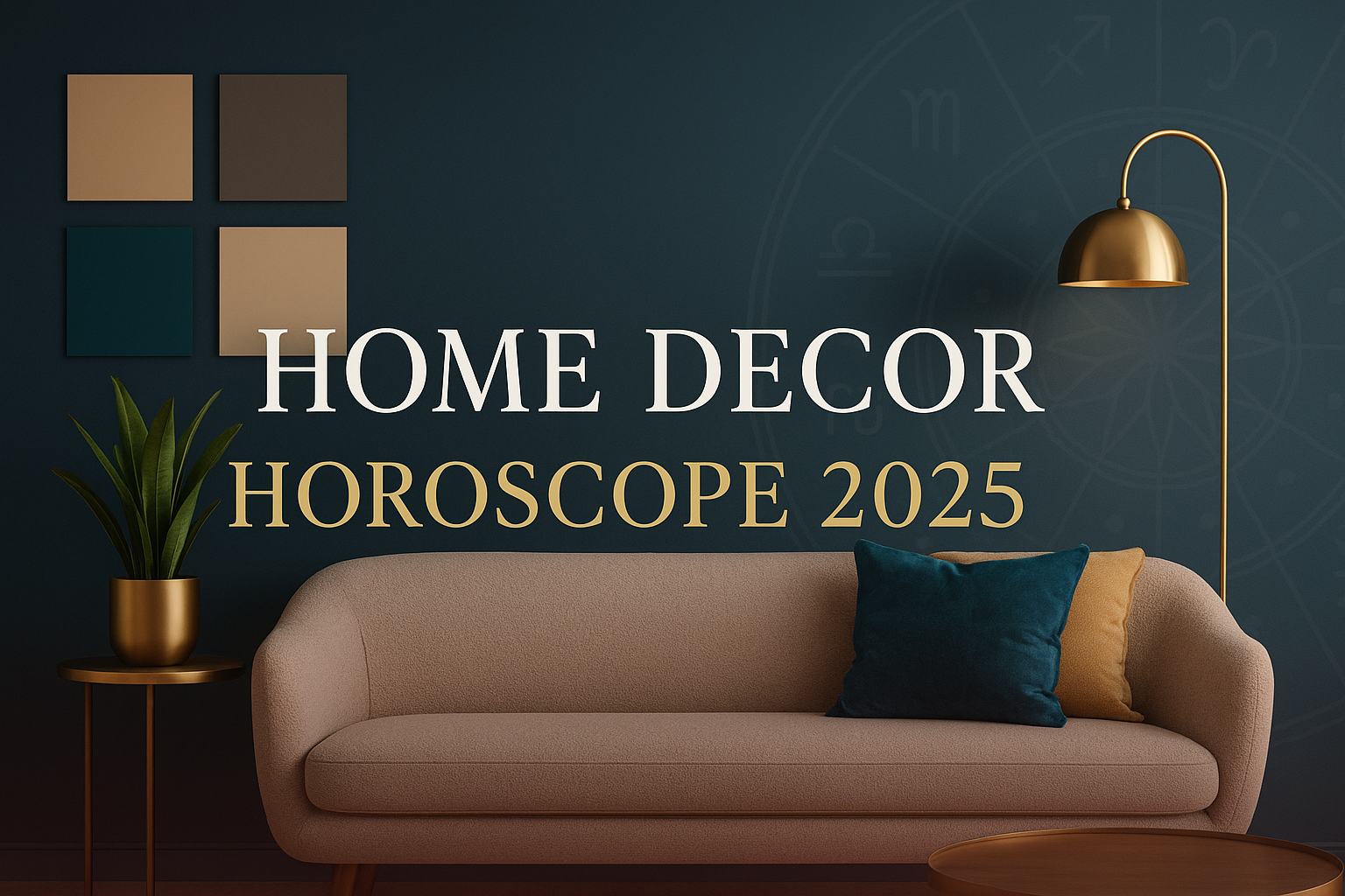 Home decor horoscope 2025 banner with a zodiac wheel overlay on a stylish living room, featuring color swatches and interior design elements