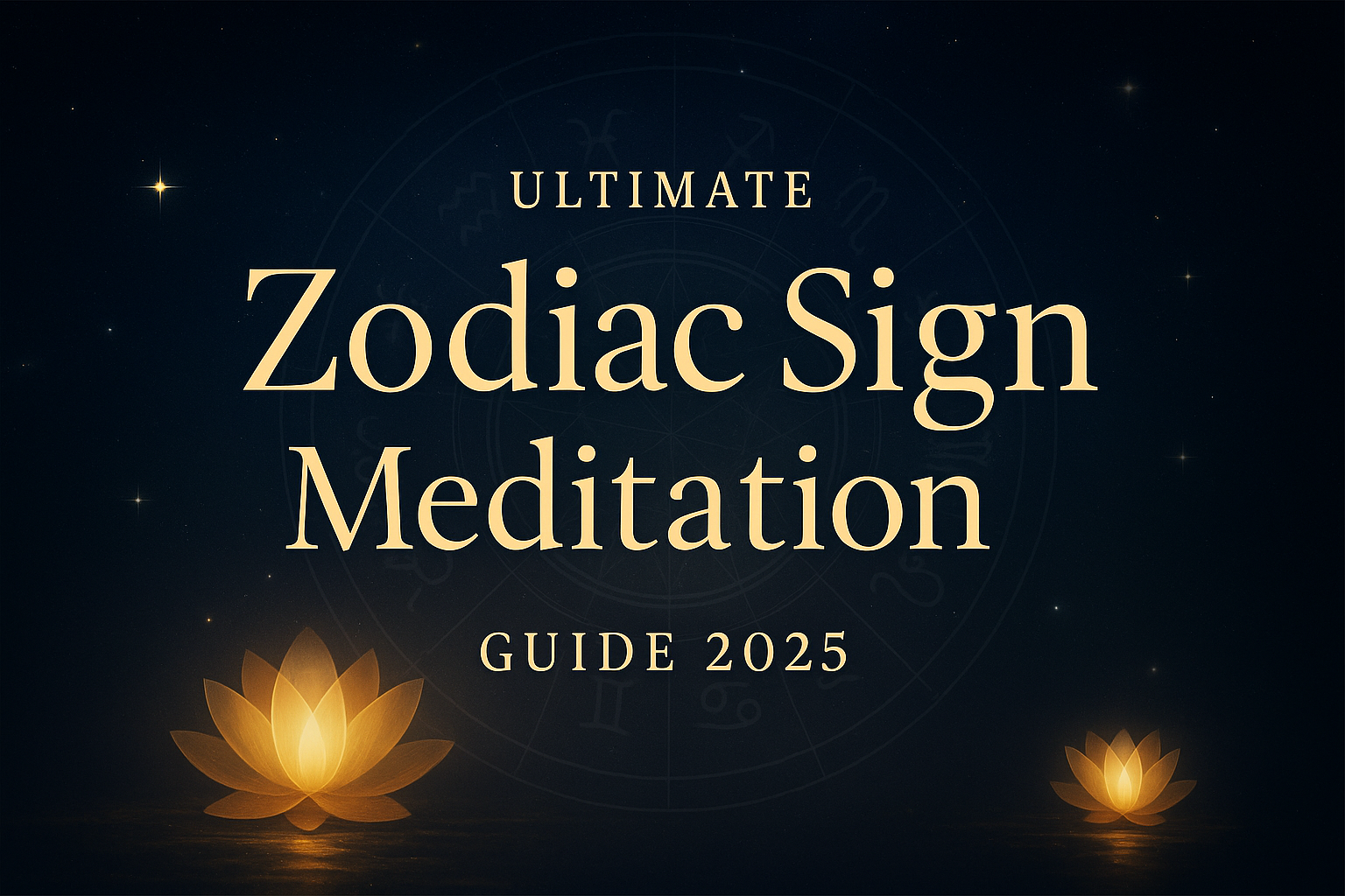 Zodiac meditation guide 2025 banner featuring star signs icons arranged in a circle around a meditating figure with cosmic background
