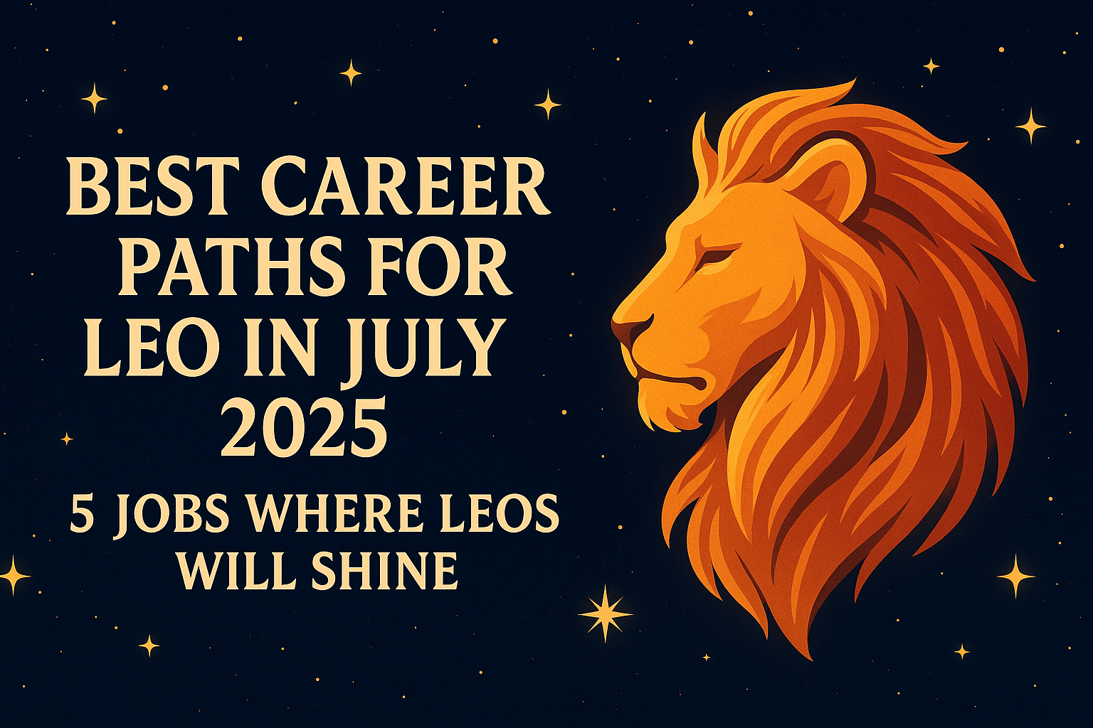 Illustration of a bold lion head with starry night background and title 'Best Career Paths for Leo in July 2025' promoting astrology-based career guide for Leo zodiac sign