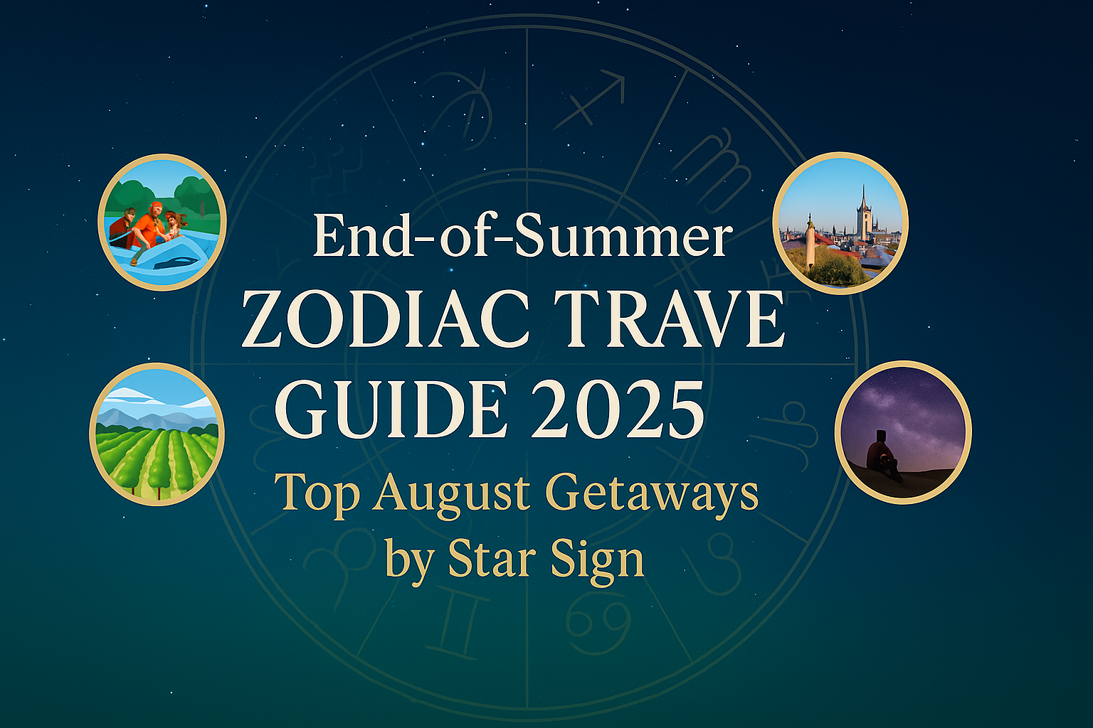 Travel guide 2025 zodiac end‑of‑summer vacations with icons of rafting, vineyards, cityscapes, and stargazing arranged around a zodiac wheel.