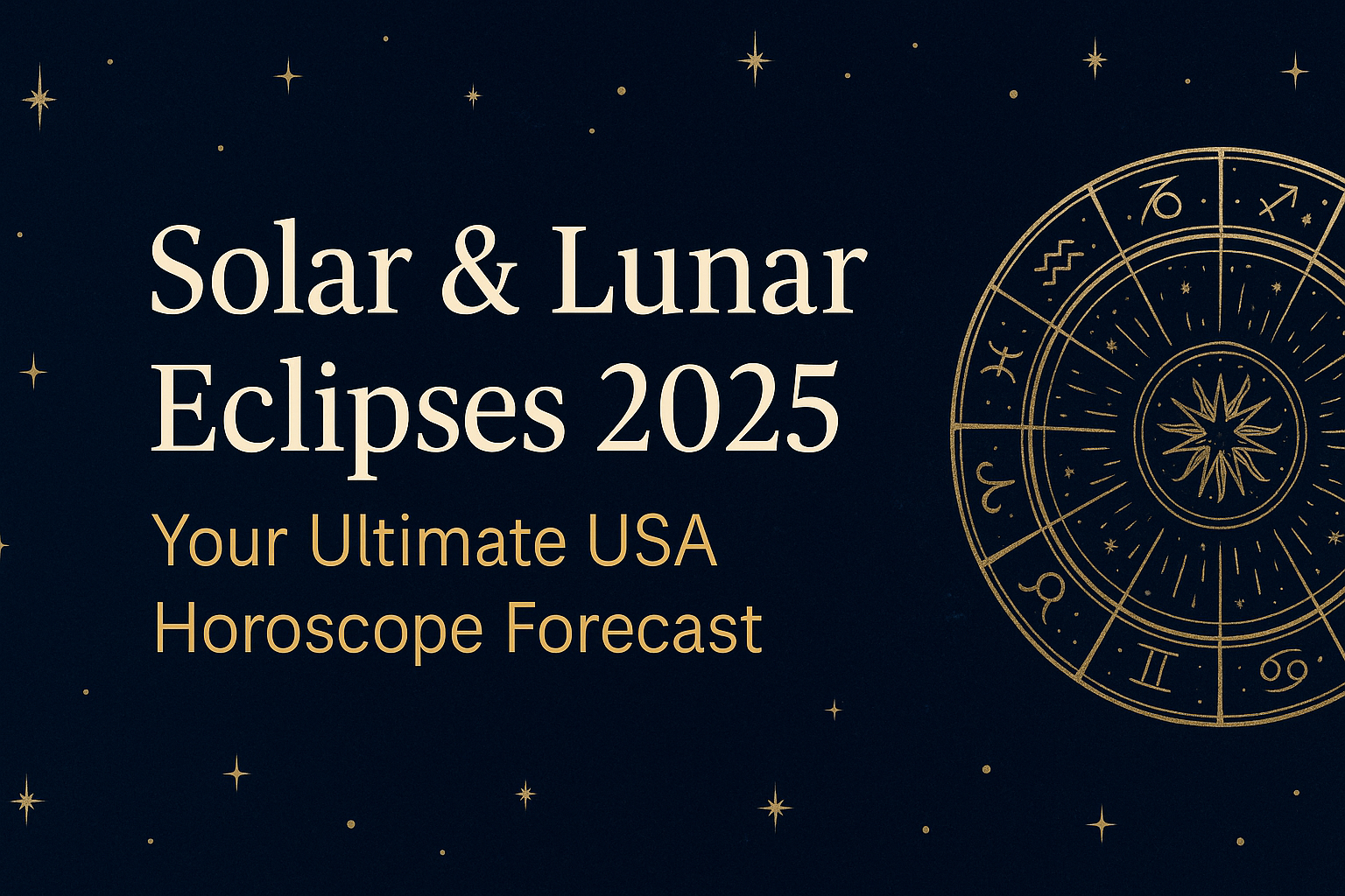 2025 solar eclipse and lunar eclipse celestial wheel over a dark starry sky with horoscope icons for USA forecast