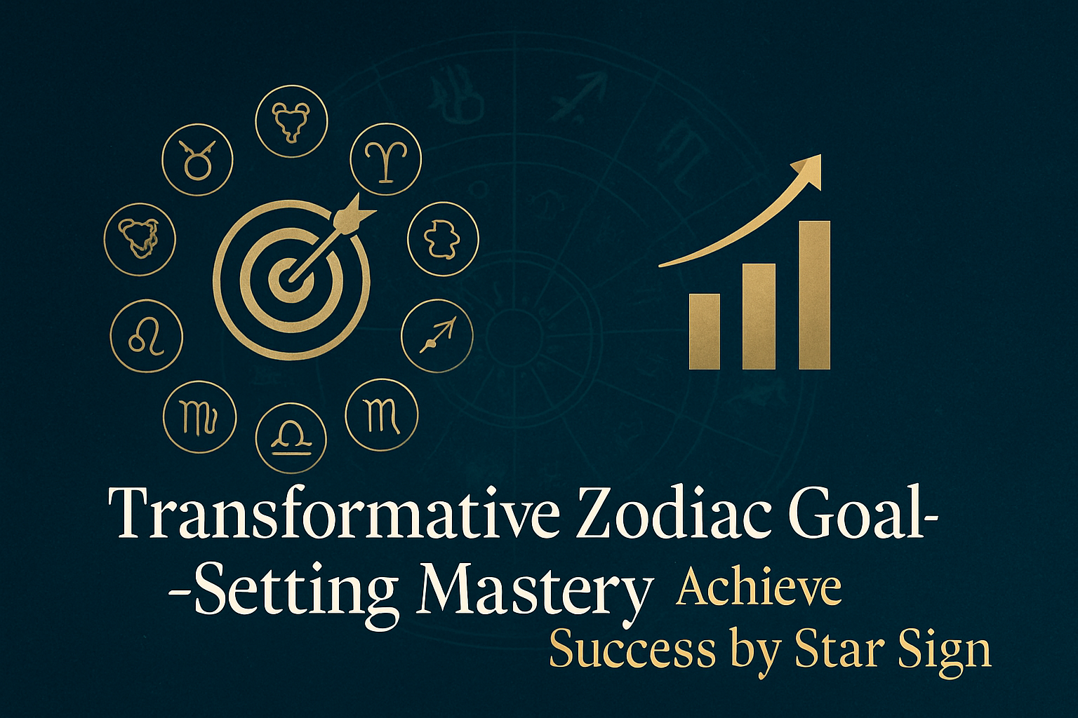 Transformative Zodiac Goal‑Setting Mastery banner with twelve zodiac icons arranged around a target bullseye and upward trending arrows