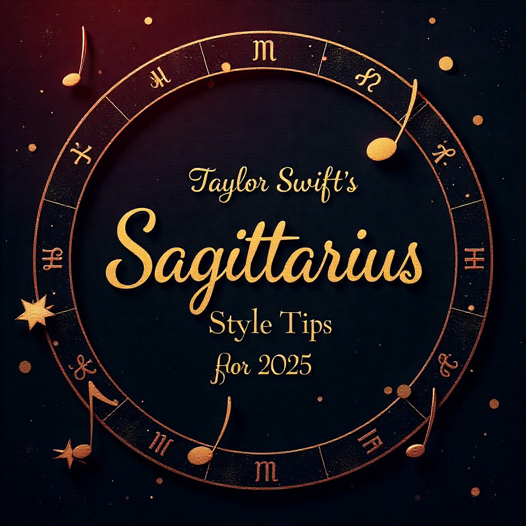 Taylor Swift Sagittarius style 2025 banner featuring boho layers, statement hats, vintage denim and red lipstick under a zodiac backdrop